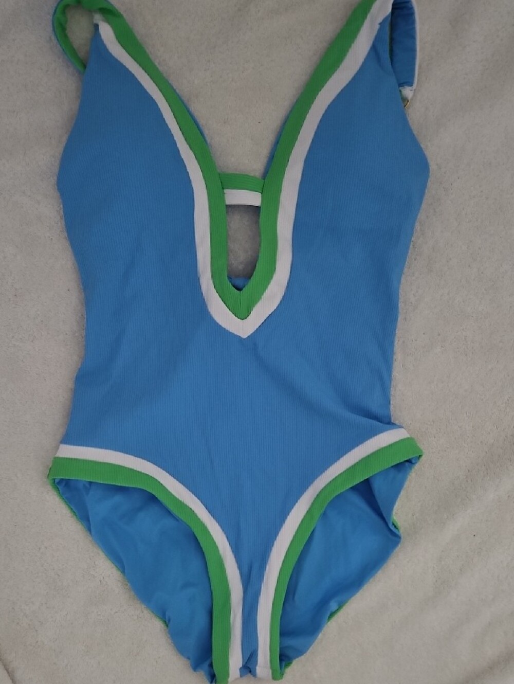 New BECCA Blue One-Piece Swimsuit with Green & White Trim - Picture 3 of 6
